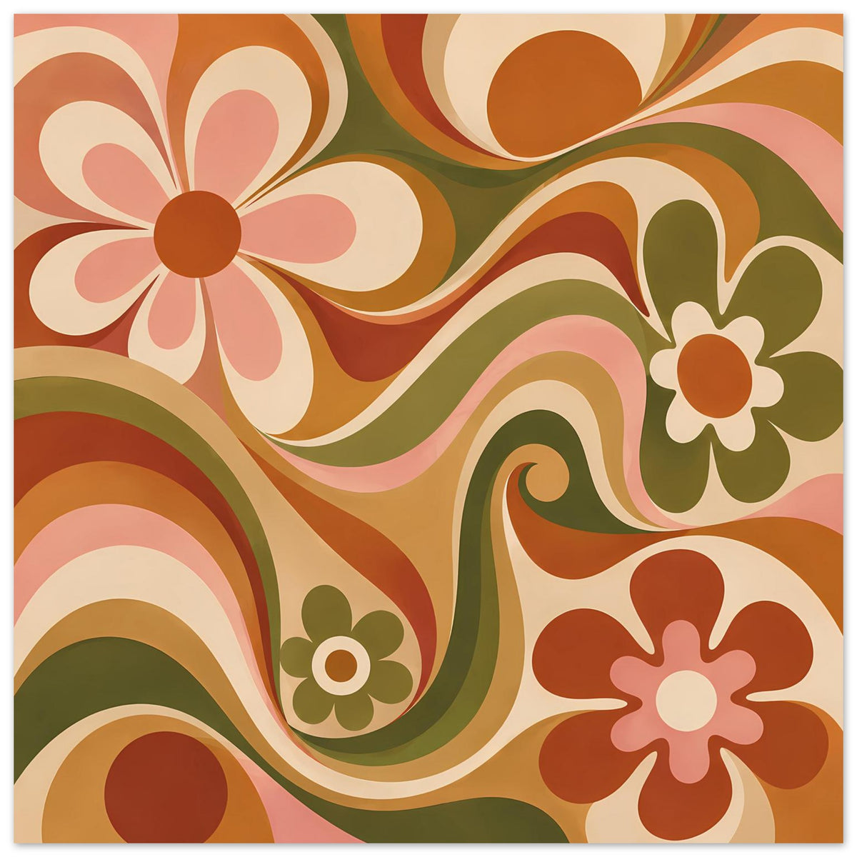 Retro-Blumenposter mit floralen Wirbeln und Blüten in Olivgrün, Orange und Creme, quadratisch