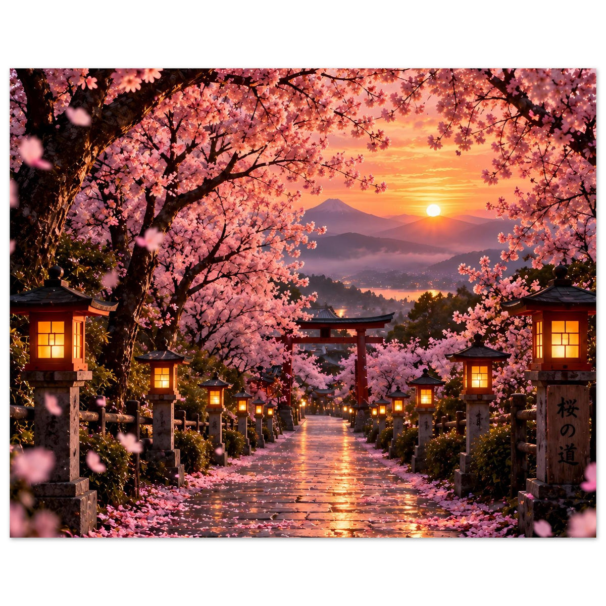 Sakura-Poster mit Torii mittig, warm beleuchtete Laternenreihen und rosa Kirschblüten am Pfad