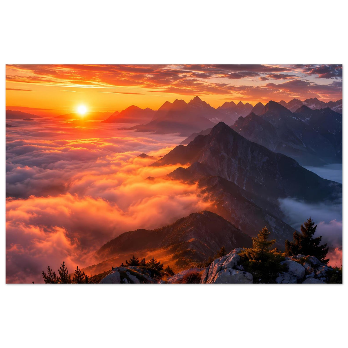 Poster im Querformat mit Sonnenaufgang über Bergketten und Wolkenmeer in warmen Farben
