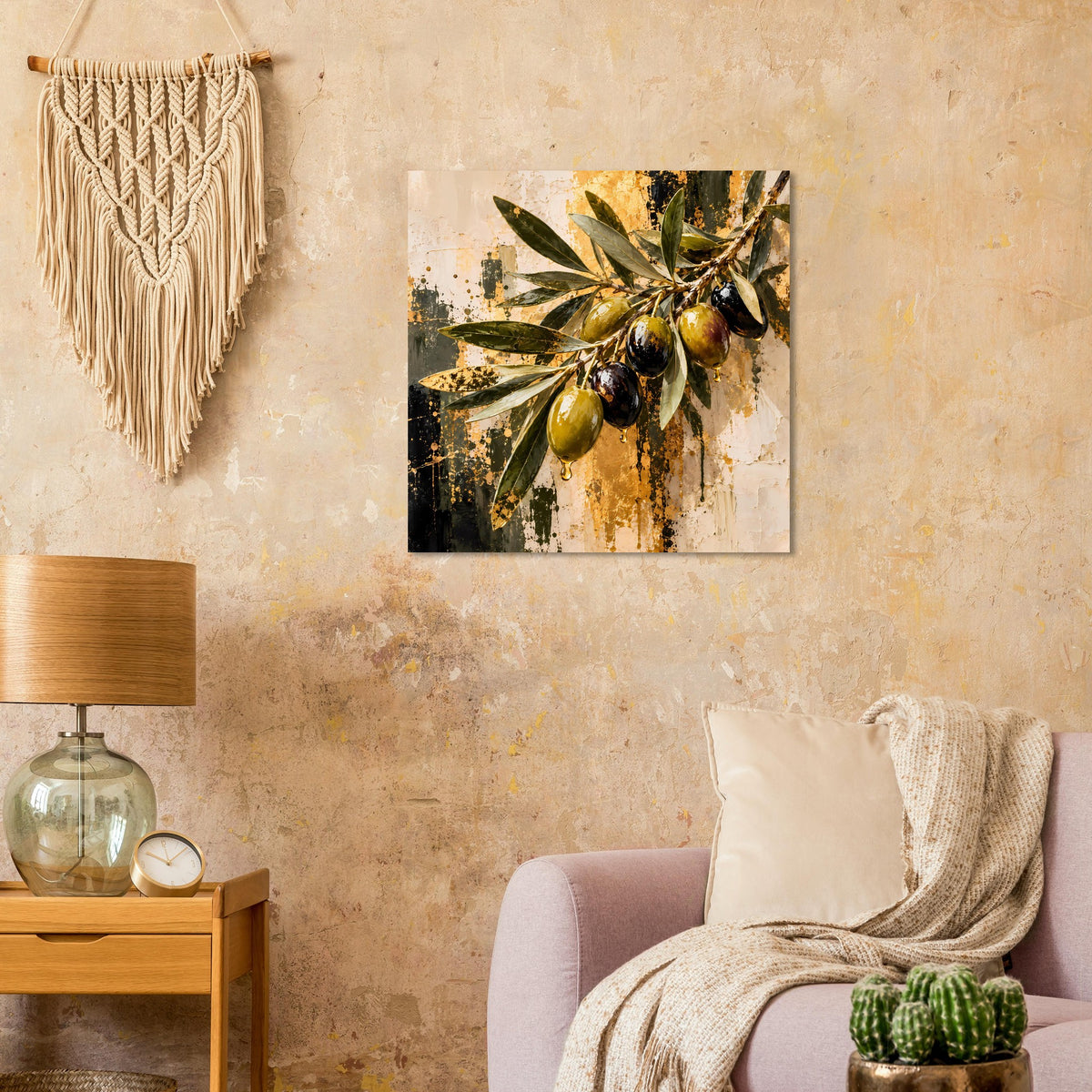 Quadratisches Wandposter: Olivenzweige in Olivgrün und Gold mit dunklen Farbspritzern