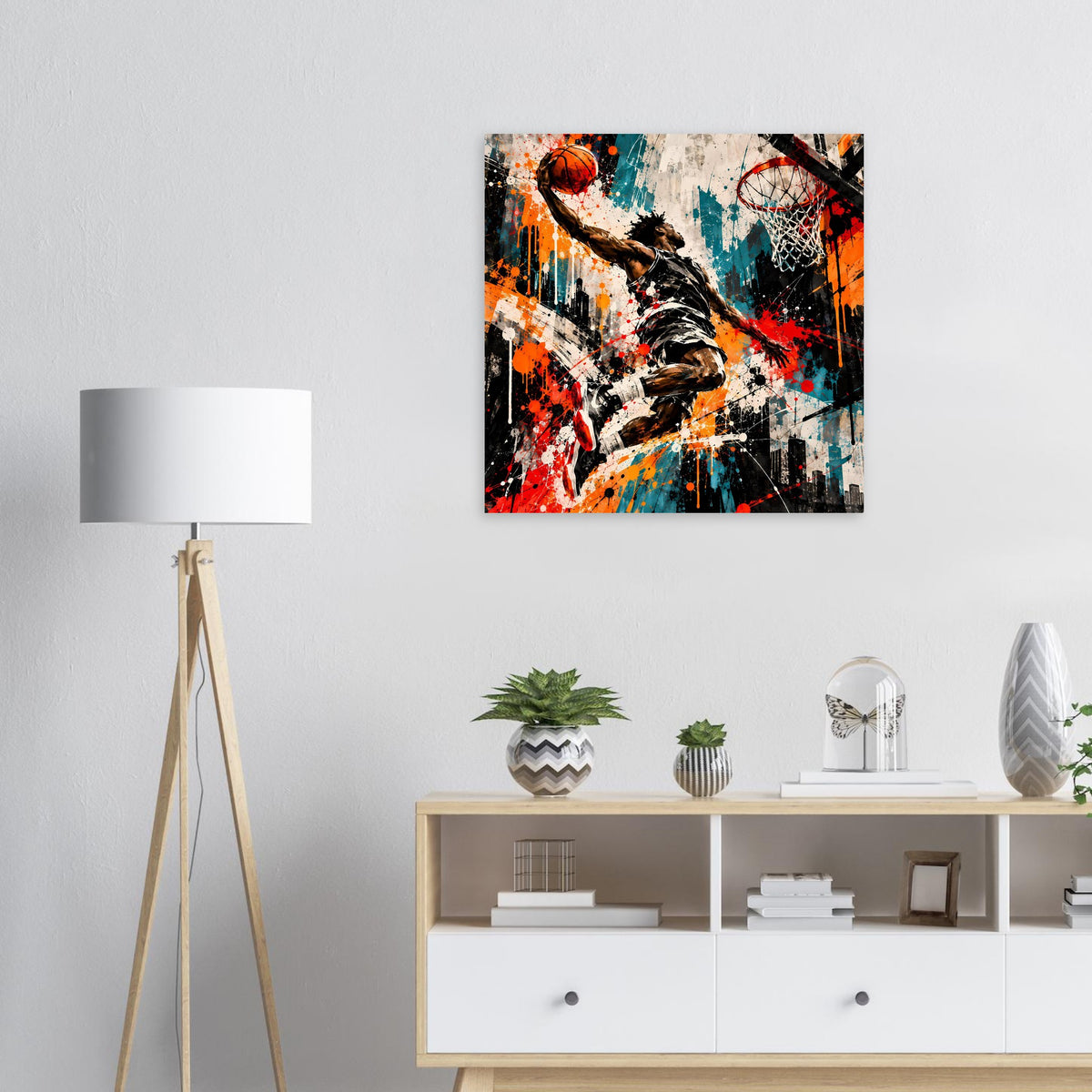 Basketball-Poster mit abstraktem Splash-Art: Spieler mit Ball und Korb, kräftige Farben