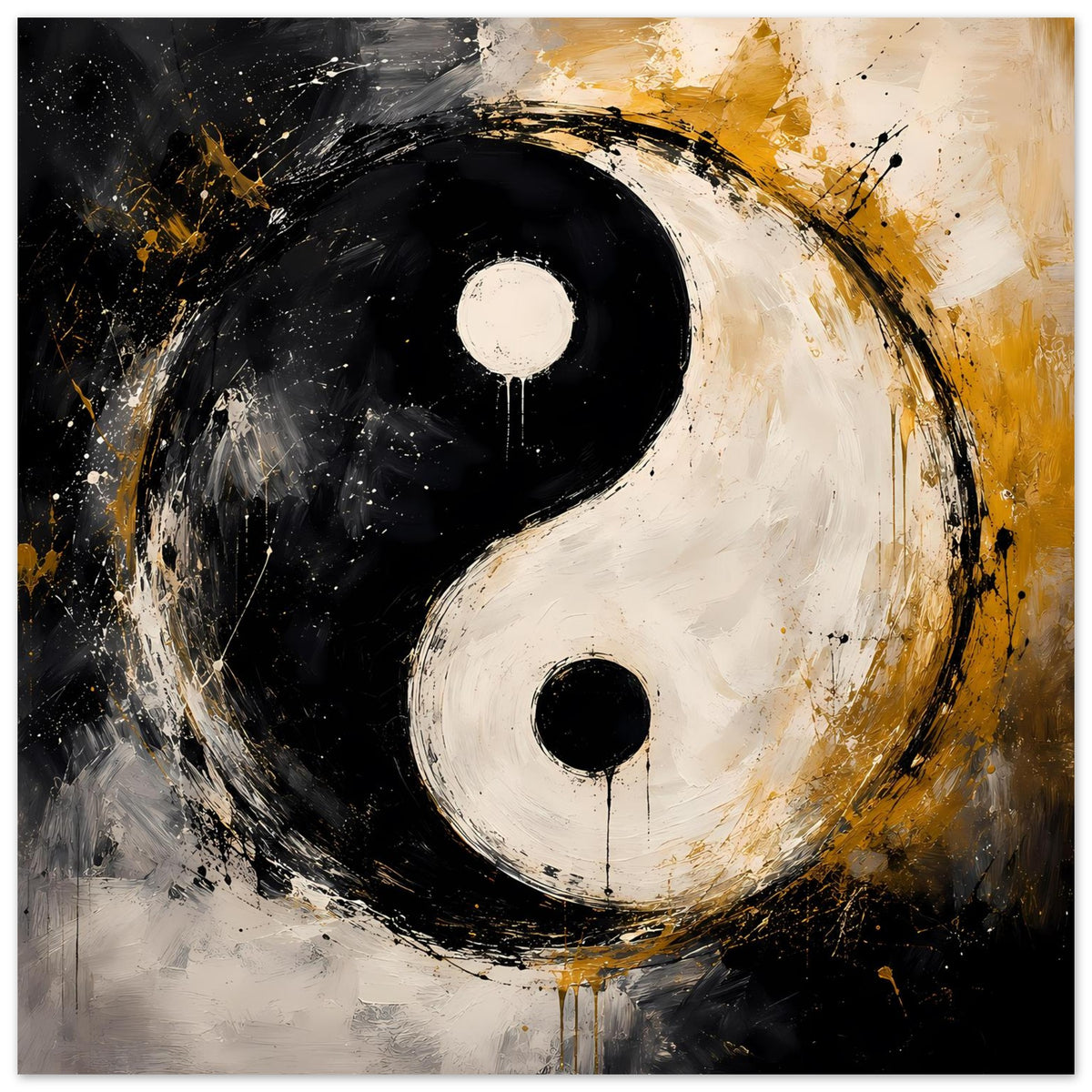 Abstraktes Yin-Yang Poster mit Yin links und Yang rechts, gemalte Sprenkel in Gold