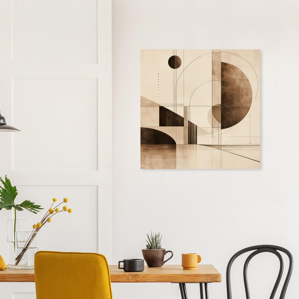 Abstrakter geometrischer Druck in Sepia mit Kreis- und Rechteckelementen, wandmontiert
