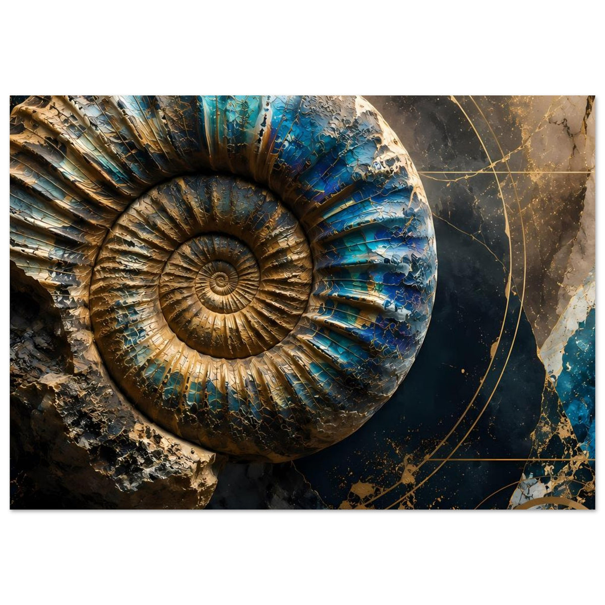 Kunstposter mit Ammonit-Fossil in Petrol- und Goldtönen, spiralförmiges Muster und Linien