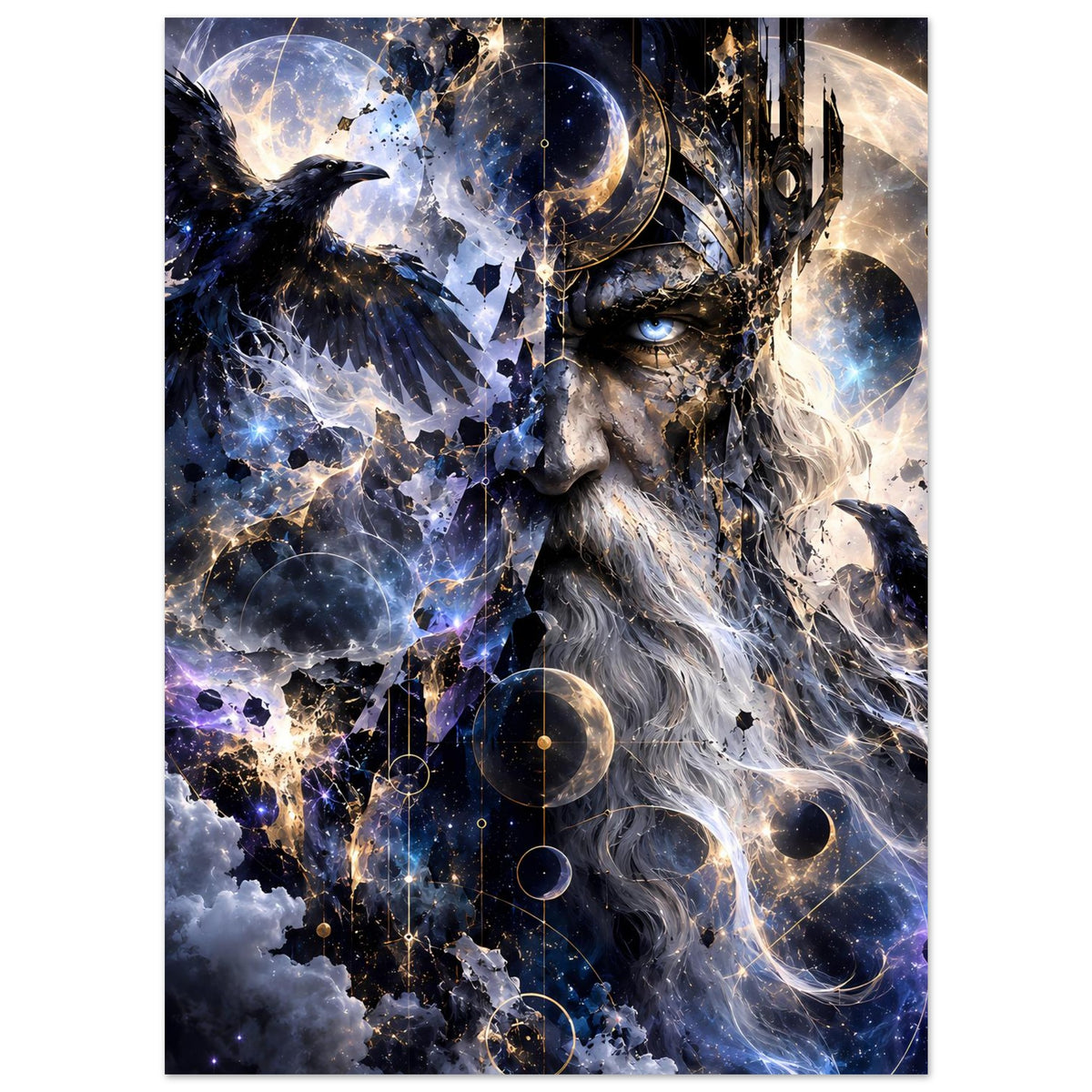 Fantasy-Poster mit Sagenkönig-Profil, Rabe im Vordergrund und Sternen