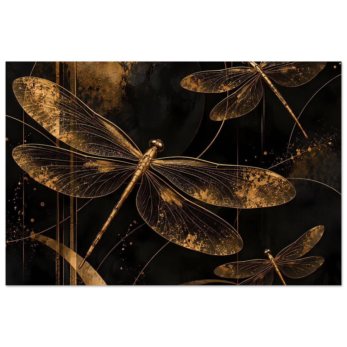 Wandposter mit goldenen Libellen und feinen Adern, dunkler Hintergrund