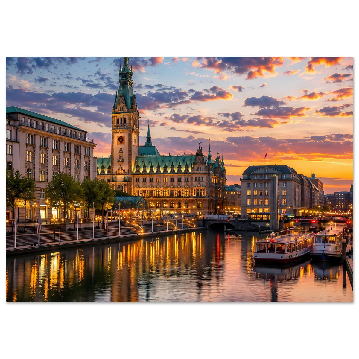 Stadtposter im Querformat mit Domturm, Sonnenuntergang und spiegelndem Fluss