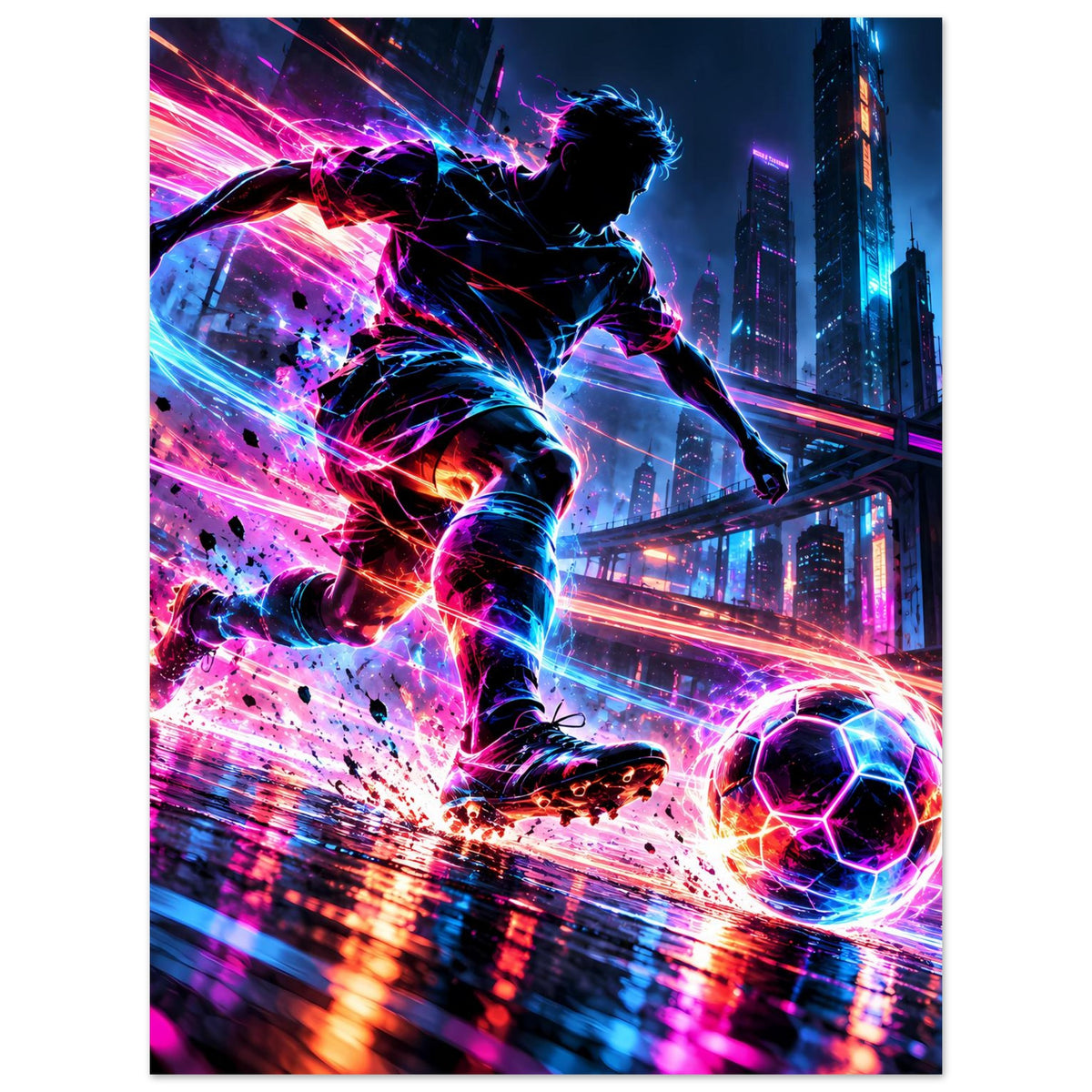 Neon-Fußball-Actionposter (Hochformat): Spieler im Flug, leuchtende Stadtlichter, Ball mit Neon-Umriss