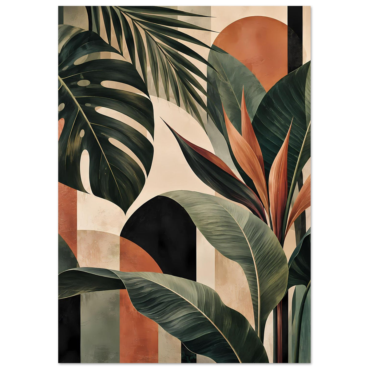 Botanisches Poster mit Palmenblättern und geometrischen Flächen in warmen Erdtönen