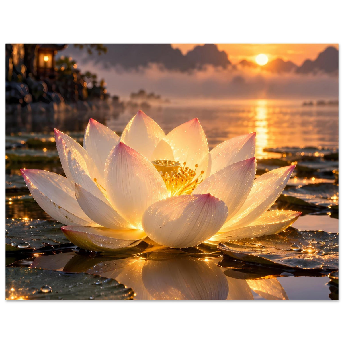 Poster mit Lotusblüte, goldene Abendstimmung und Reflexionen auf Wasseroberfläche