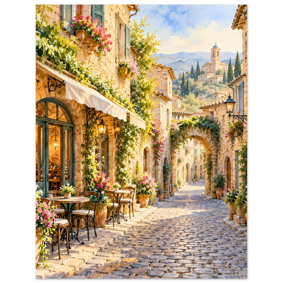 Vertikaler Poster mit mediterraner Dorfstraße, Blumen und Torbogen