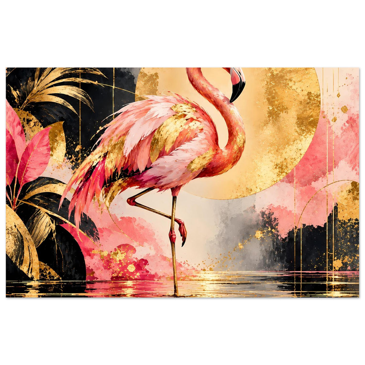 Luxus-Tierposter mit pinkem Flamingo, goldener Sonne, Spiegelung im Wasser und Palmenblättern