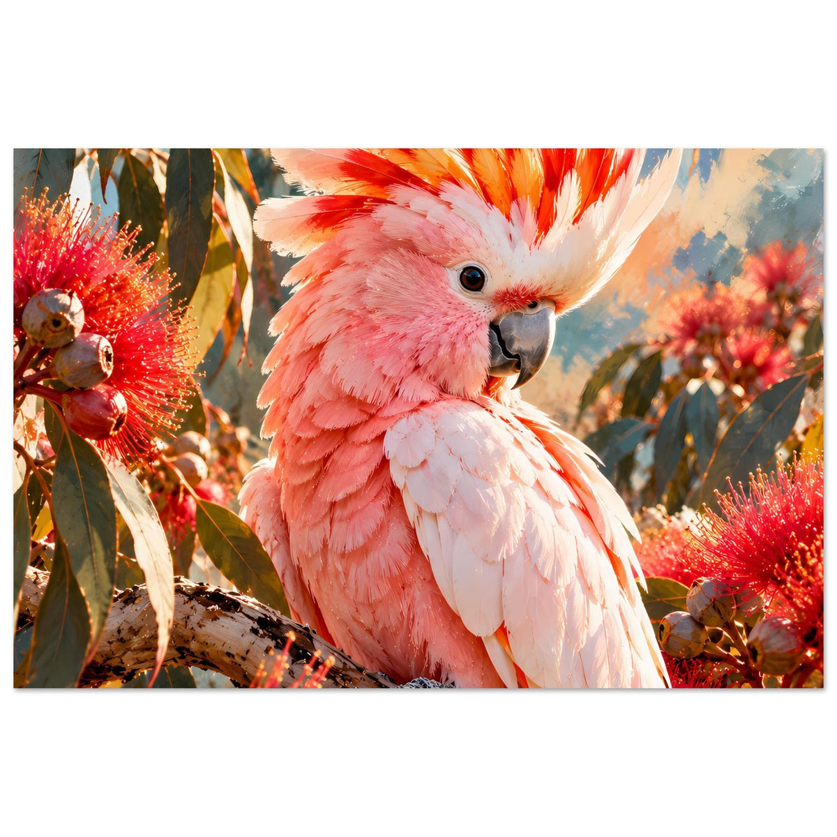 Poster mit rosa-weißem Kakadu auf Ast, weiße Federpartien und rote Blüten
