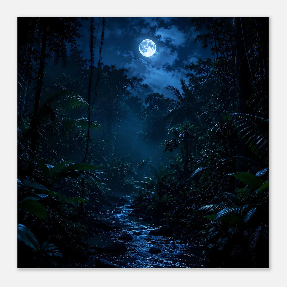 Quadratisches Poster: mondbeschiener Dschungelpfad, blaues Nachtlicht und dichte Vegetation