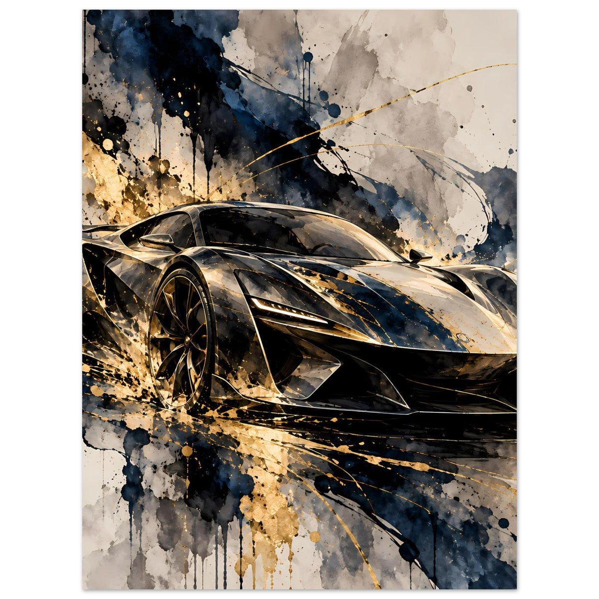 Poster: schwarzer Supersportwagen mit Goldakzenten, Frontansicht – Hochformat