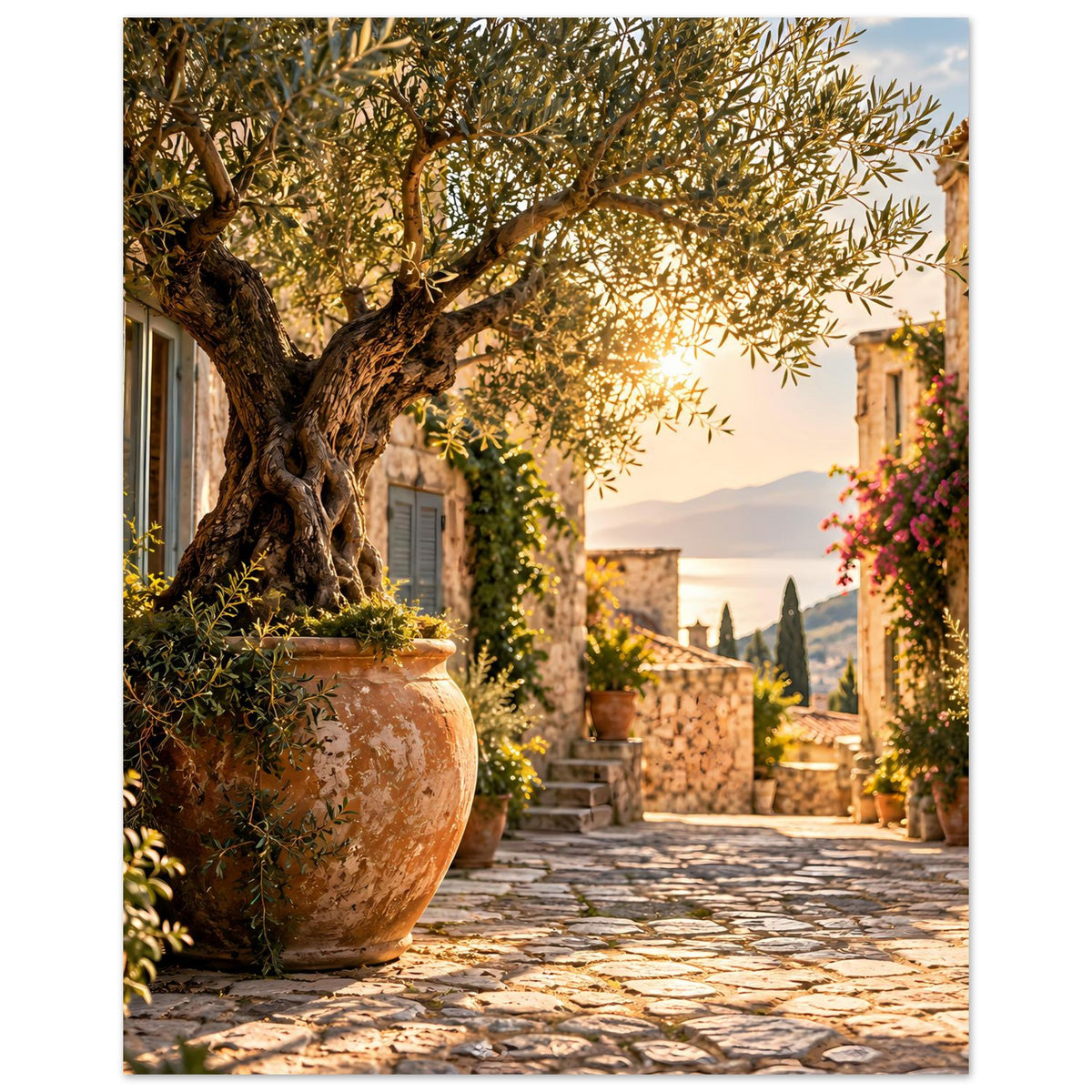 Mediterranes Poster: Olivenbaum, Terrakotta-Vase und Pflasterweg im warmen Licht