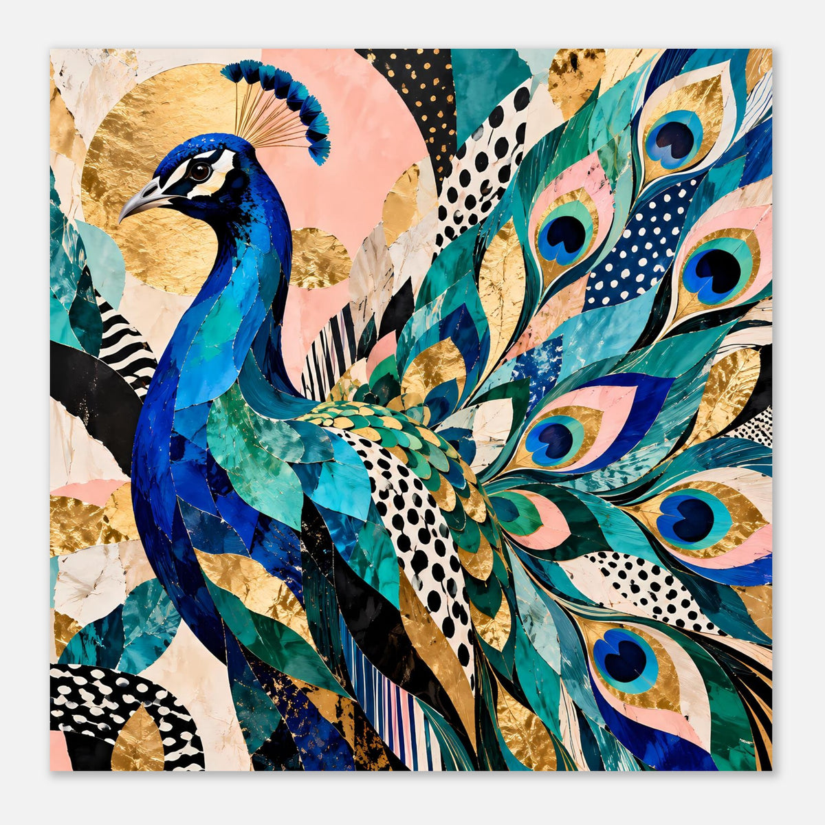 Kunstposter: Pfau in Blau mit türkisen und goldenen Pfauenfedern