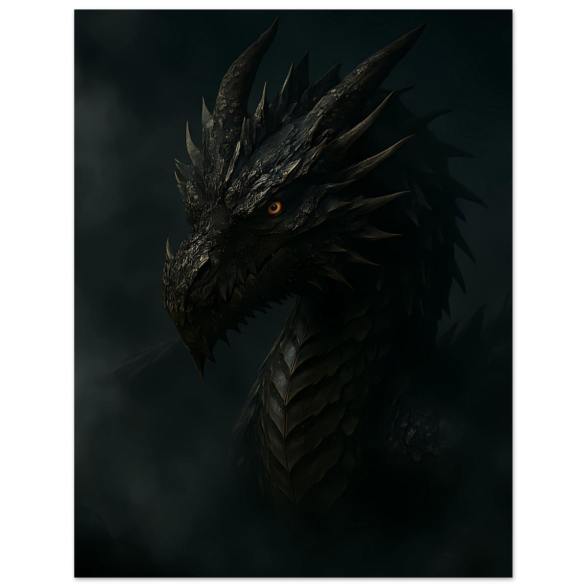 Schwarzes Drachen-Poster mit gelbem Auge, frontal wirkender Kopf- und Halsansicht