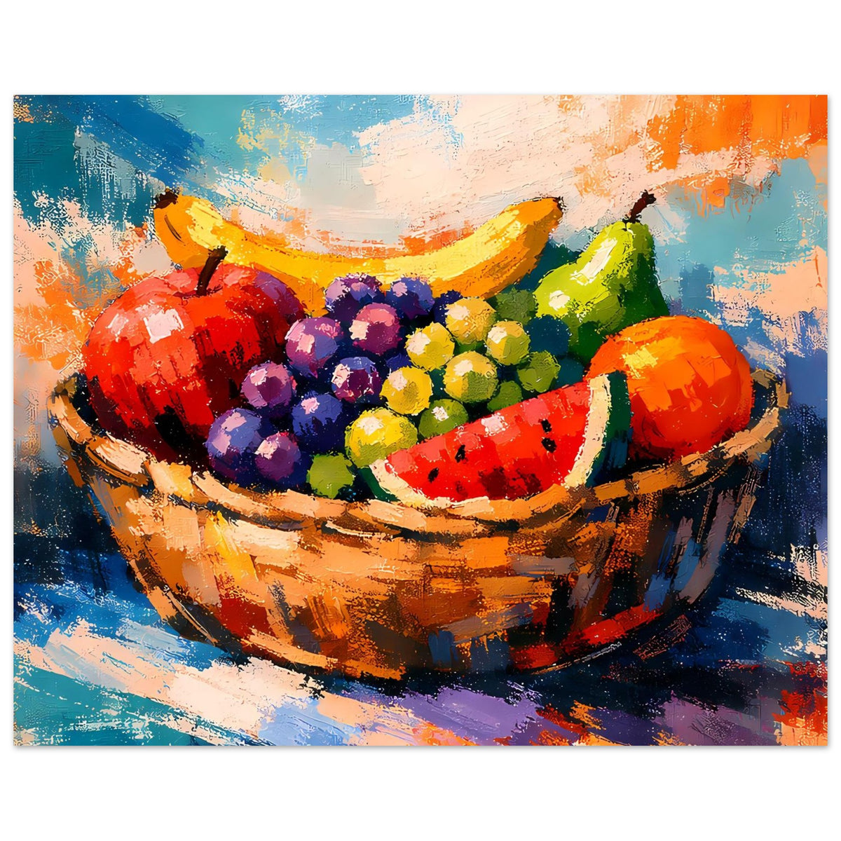 Horizontales Poster Früchtekorb-Gemälde: bunte Trauben und Melonenstück, dynamisch gemalt
