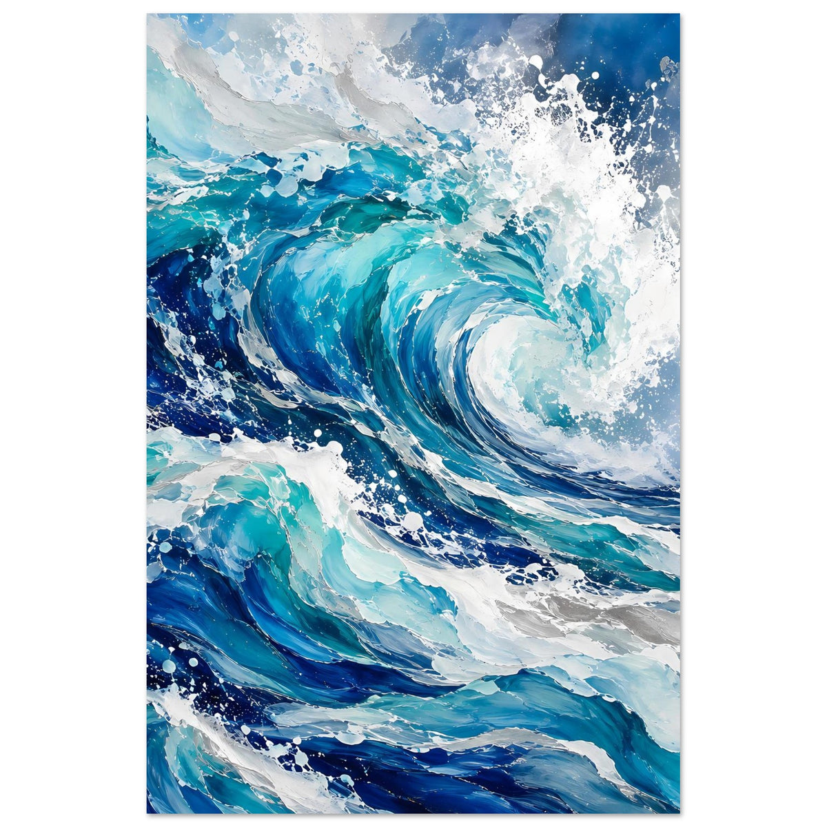 Hochformat-Poster mit abstrakten Ozeanwellen in Blau/Türkis und weißem Sprühschaum