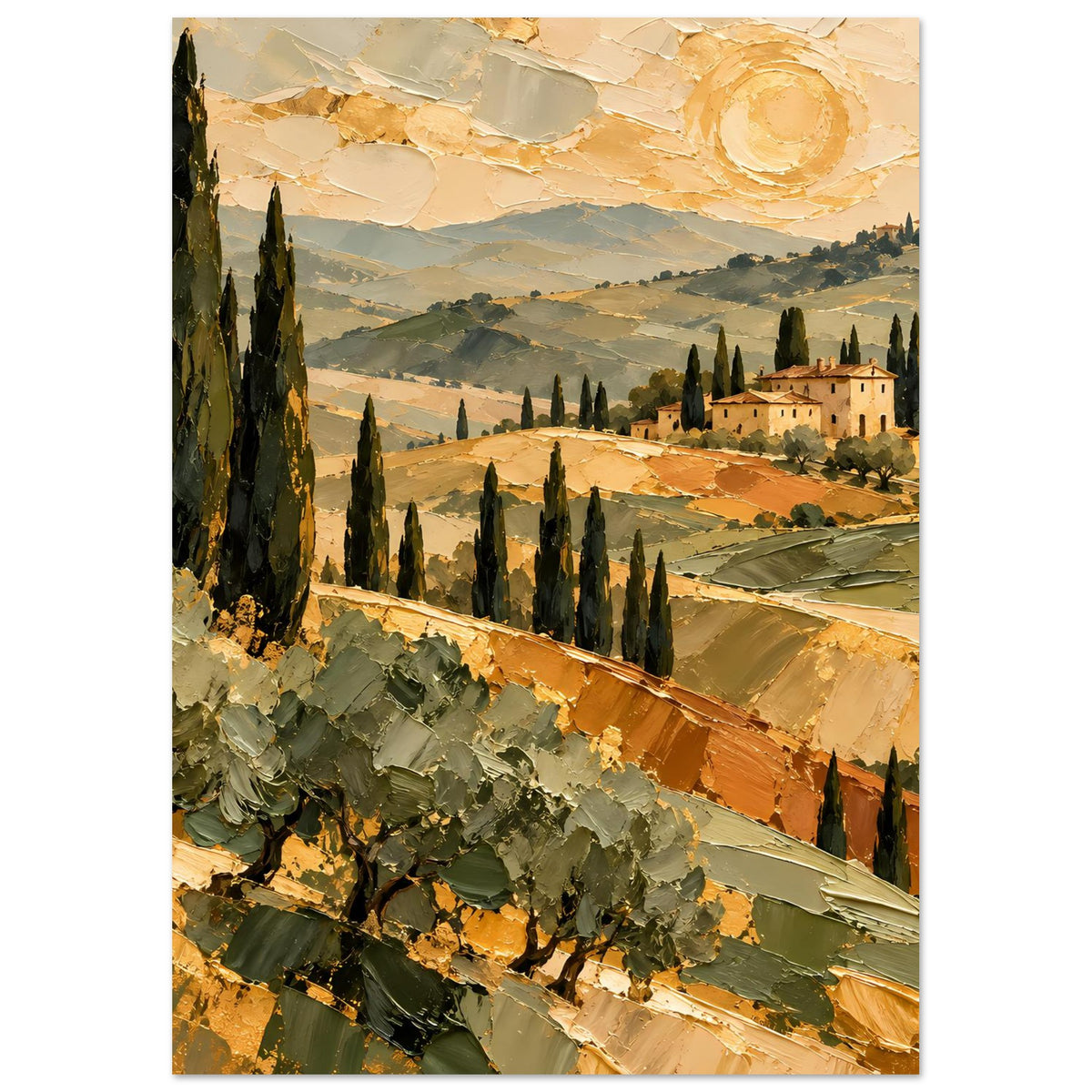 Landschaftsposter, vertikal mit Sonnenmotiv, goldenen Hügeln, Zypressen und Landgut