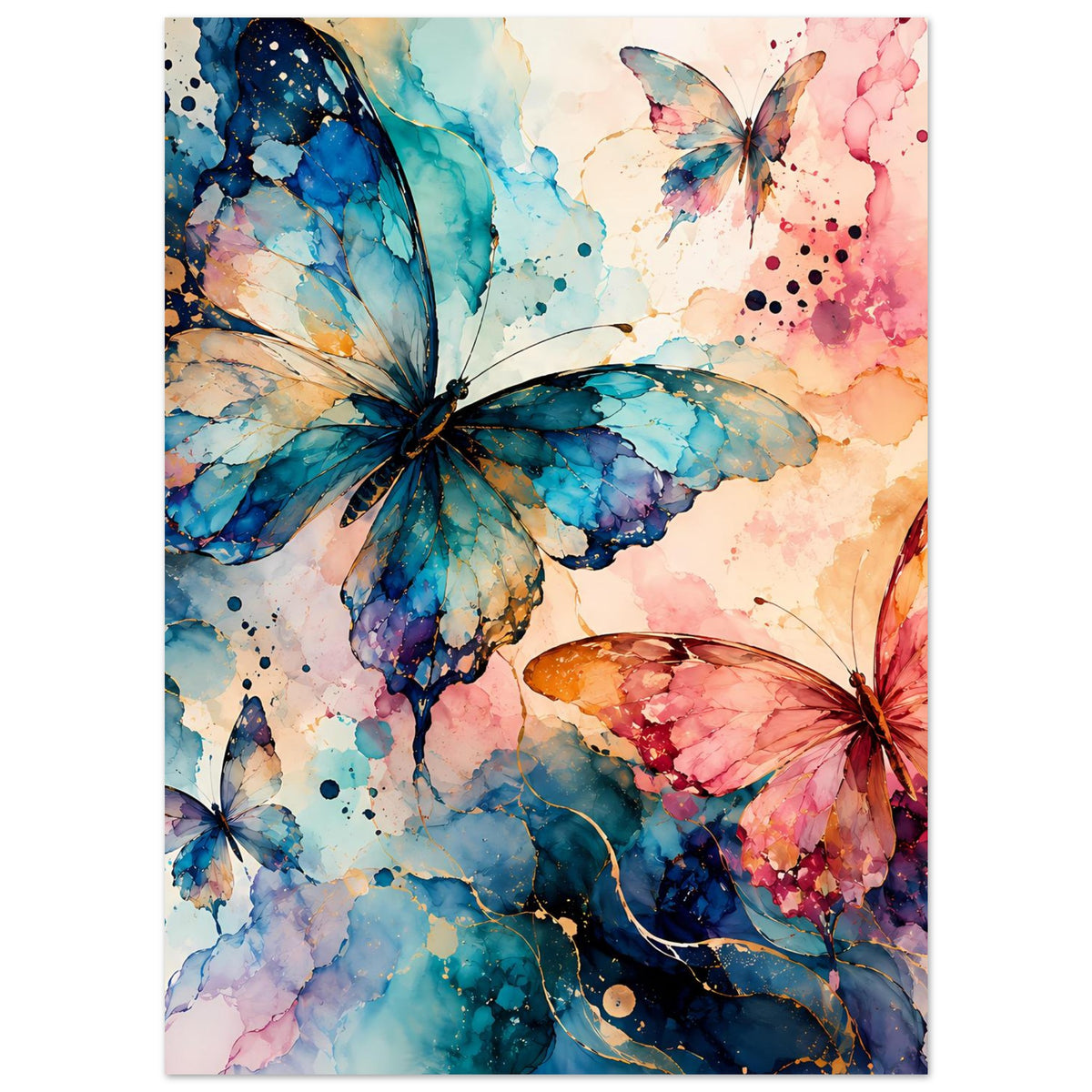 Vertikales Naturposter mit Aquarell-Schmetterlingen in Blau und Rosa, große Flügel oben links