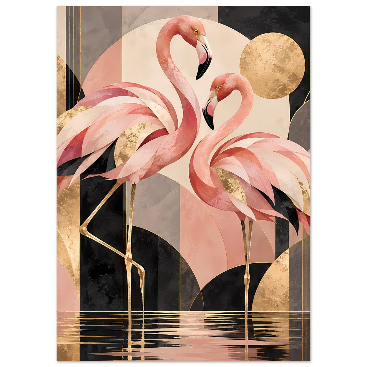 Zwei rosa Flamingos vor geometrischem Hintergrund mit Goldakzenten in Schwarz und Creme – Posteransicht 6