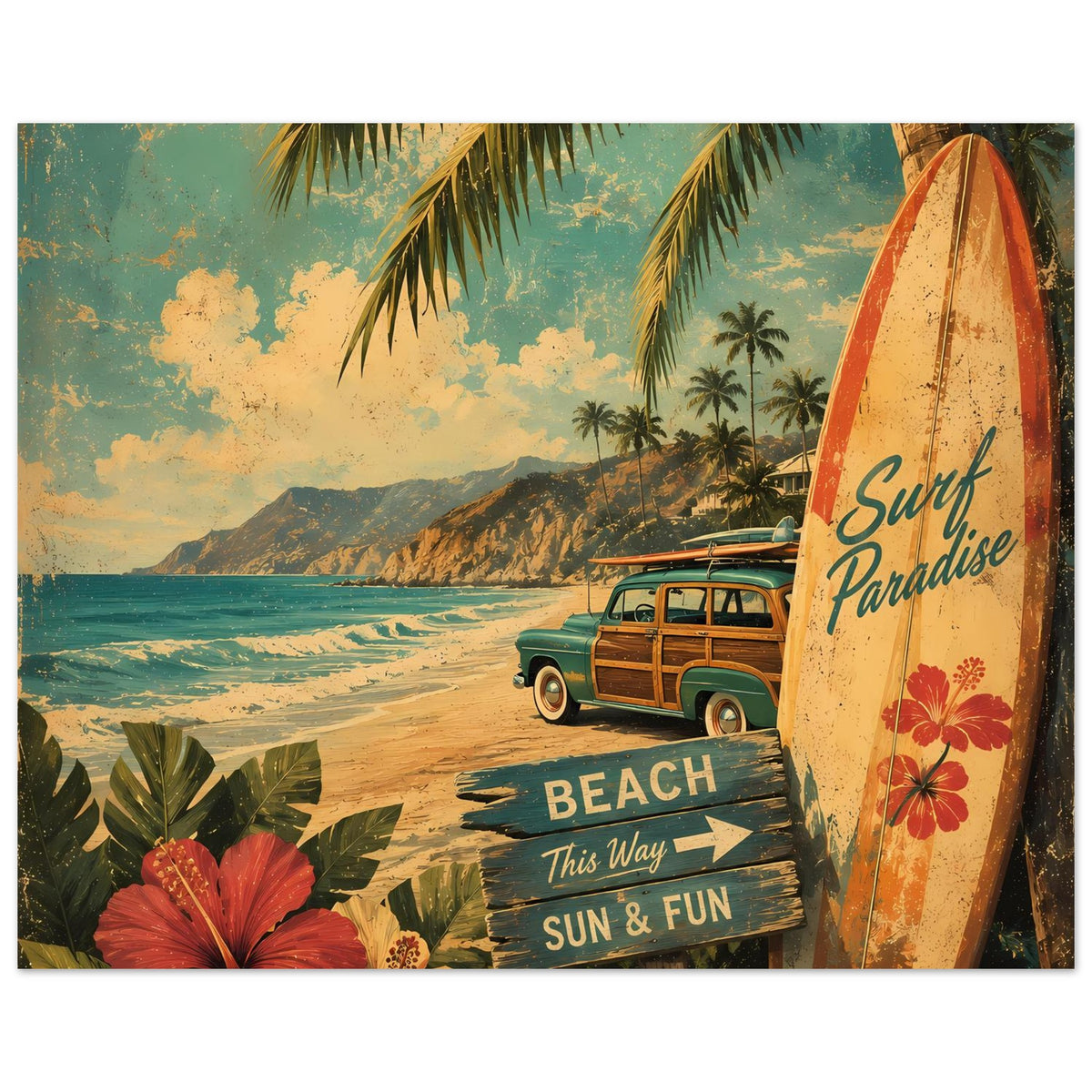 Strandposter im Vintage-Stil: Palmen, Surfboard rechts und „BEACH“ Richtungspfeile