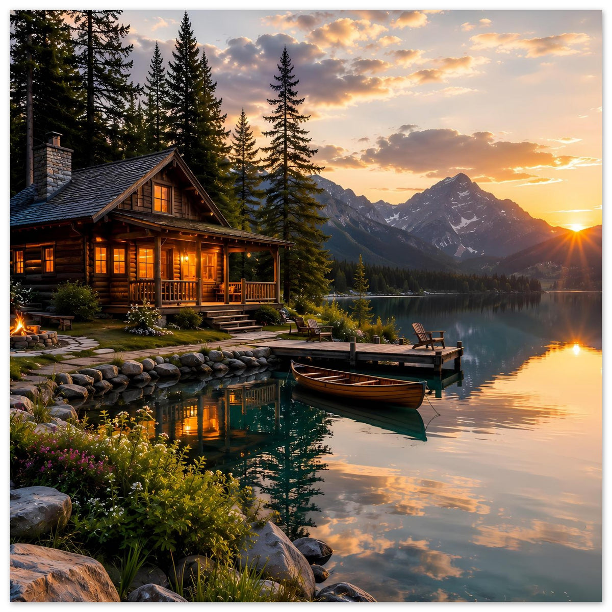 Poster mit Blockhütte am See bei Sonnenuntergang, Steg, Steine und Spiegelung im Wasser
