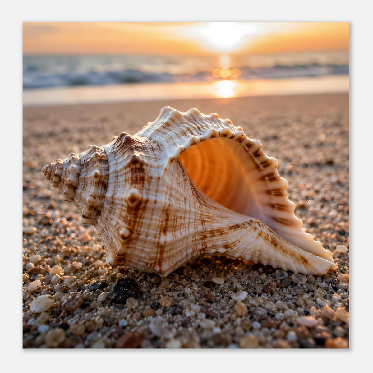 Strandposter mit Muschel auf Kies am Sonnenuntergang, quadratisches Format