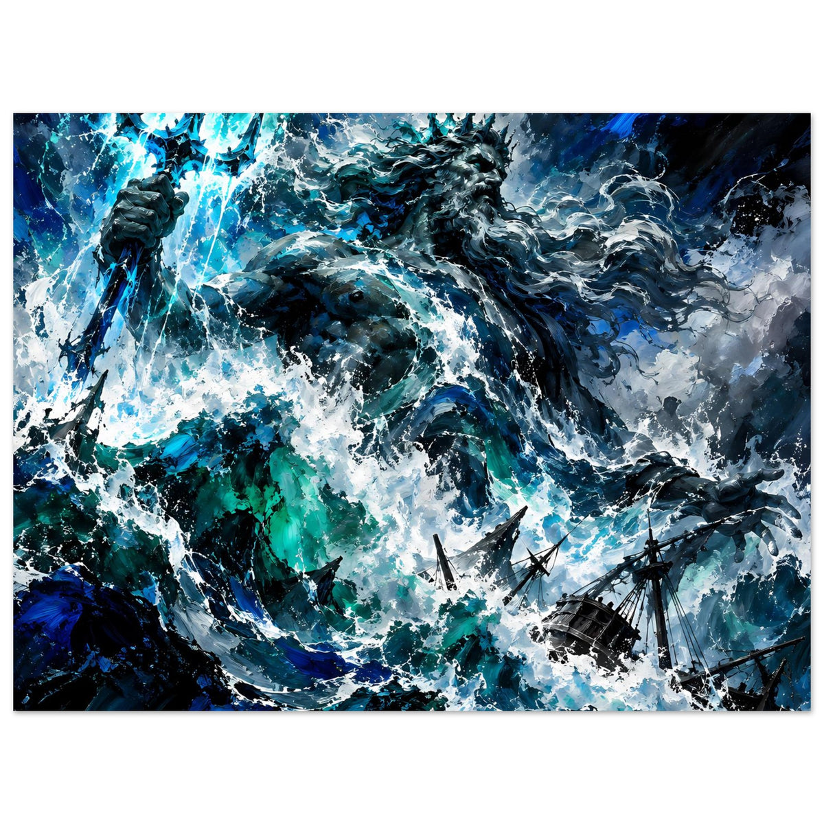 Wandposter Meeresturm mit Poseidon und Wasserwirbeln, kontrastreiches Blau-Grün-Fantasybild