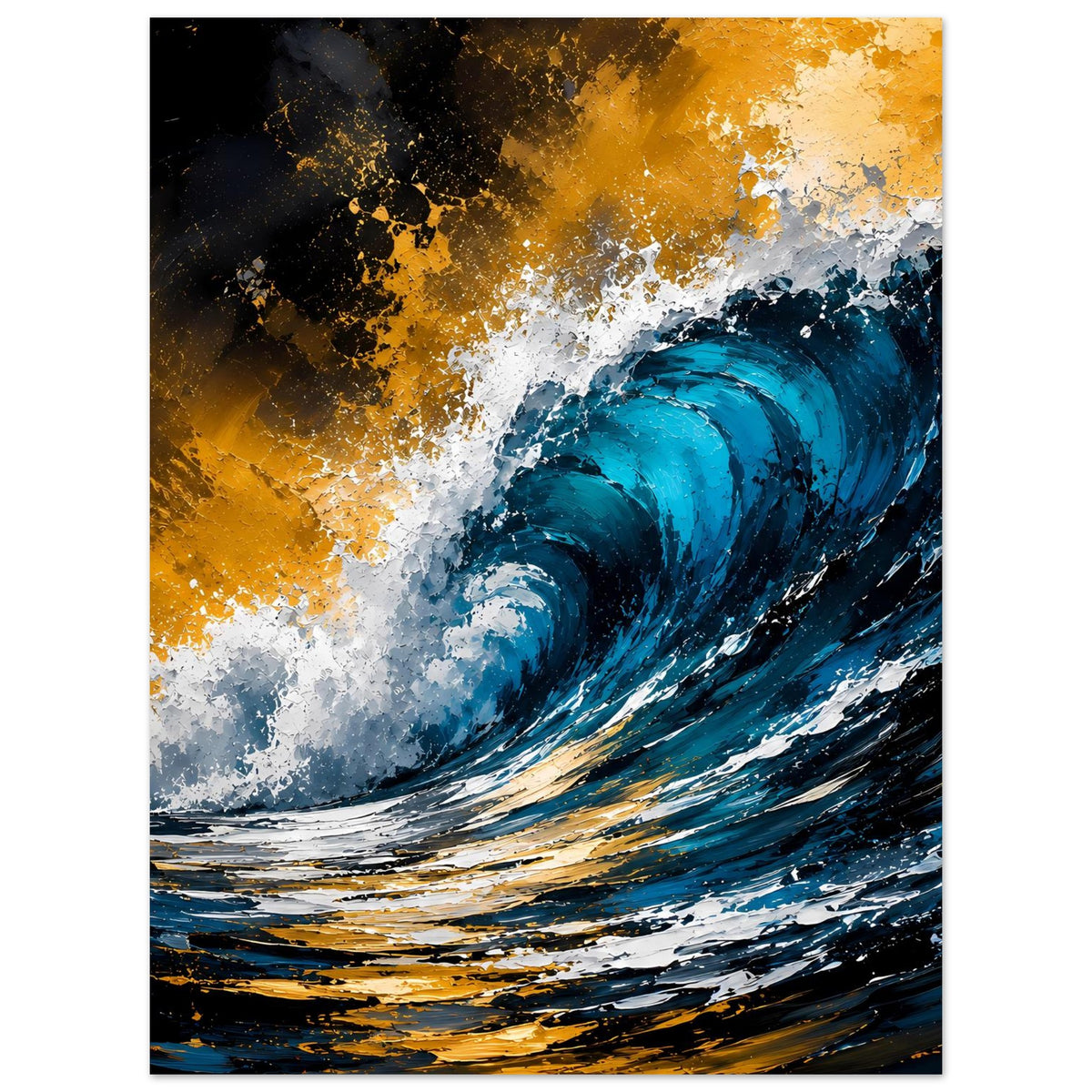 Meer-Wellen-Poster mit schwarzem Rand, blau-goldene Küstenlinie mit weißem Schaum