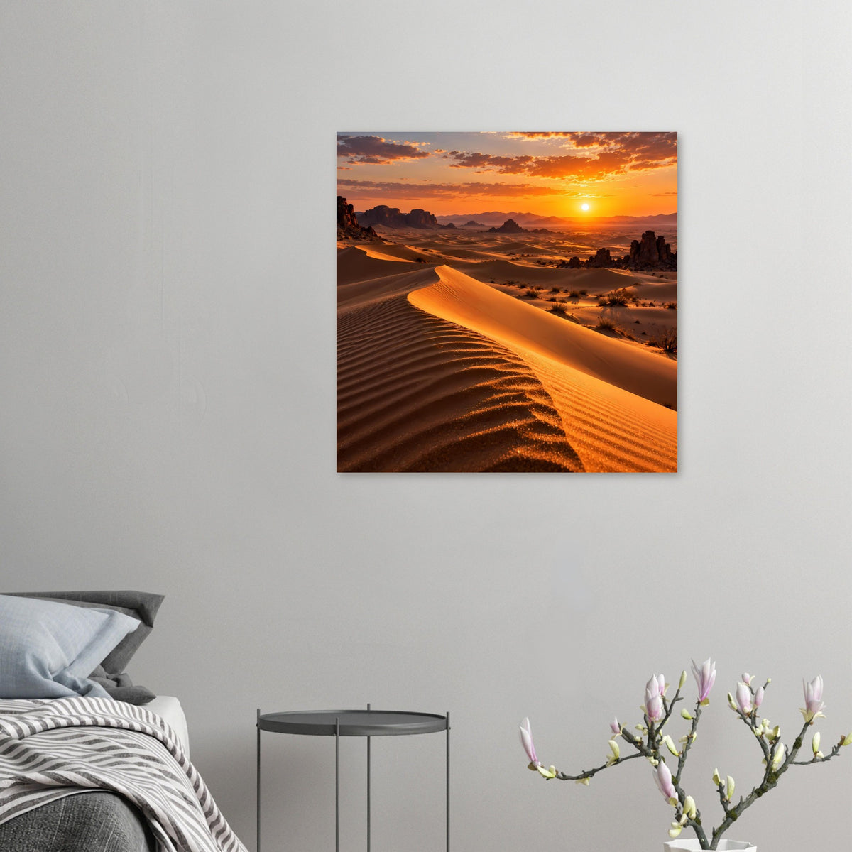 Kleines Wüstenlandschaft-Poster mit goldener Düne und Sonne bei Sonnenuntergang