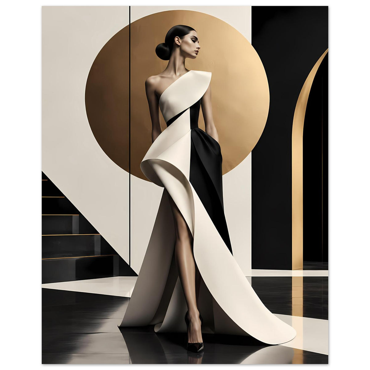 Fashion-Poster: schlanke Frau in Schwarz-Weiß mit rundem goldfarbenem Kreis im Motiv