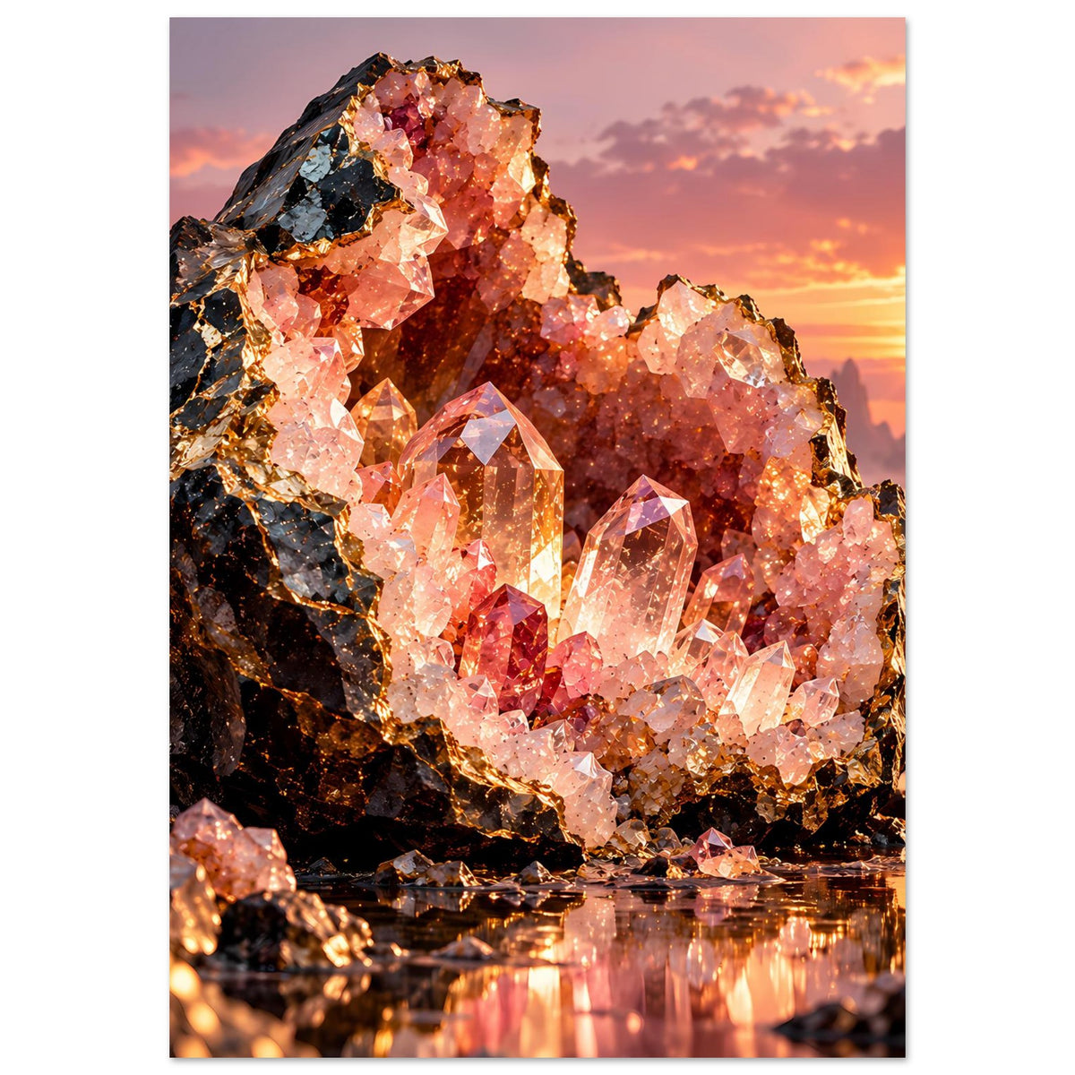 Poster im Hochformat mit leuchtender Kristallgeode, orange-rosa Kristalle bis zum Bildrand