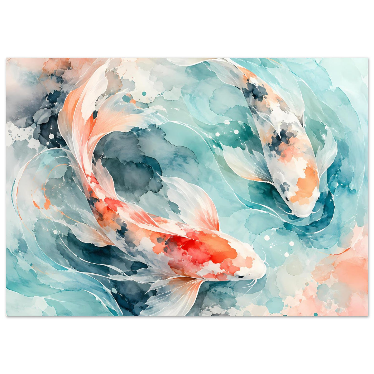 Koi-Fisch-Poster mit zwei Aquarell-Karpfen in Hellblau, Grau und Lachsrosa