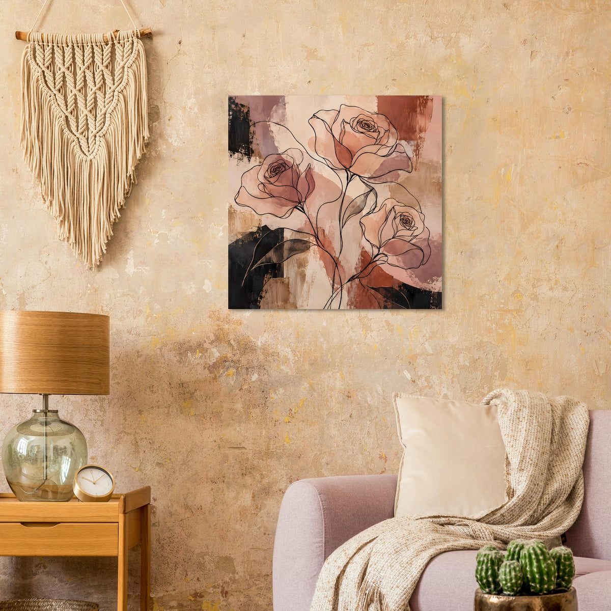 Quadratisches Rosenlinienkunst-Poster mit abstrakten Blüten in Terrakotta