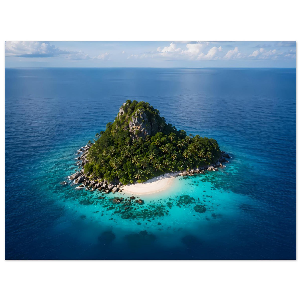 Poster vertikal: Insel im Meer, dichter Pflanzenwuchs, helle Sandkante und türkisfarbener Bereich