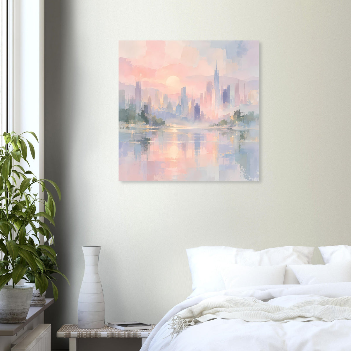 Abstraktes Stadtmotiv-Poster in Pastellfarben mit Skyline über ruhigem Wasser