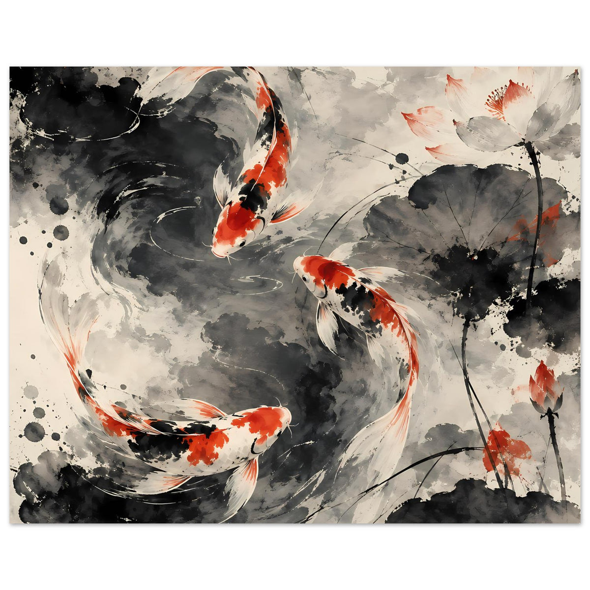 Poster mit Koi-Fisch und orangefarbenen Akzenten im Tusche-Look, mit Blüten-Silhouetten