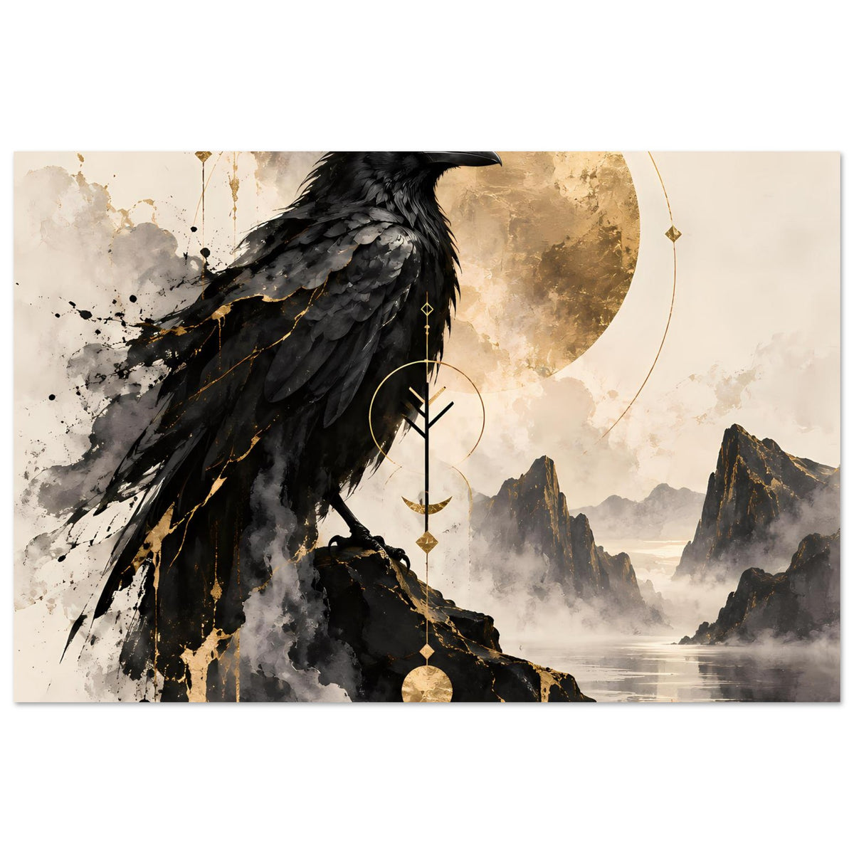 Poster mit schwarzem Raben, goldene Ornamente und Anhänger, Querformat