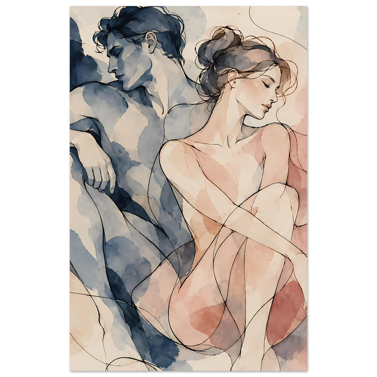 Kunstposter mit aquarellartigem Paar, vertikal zugeschnitten: Mann in Blau, Frau in Rosa