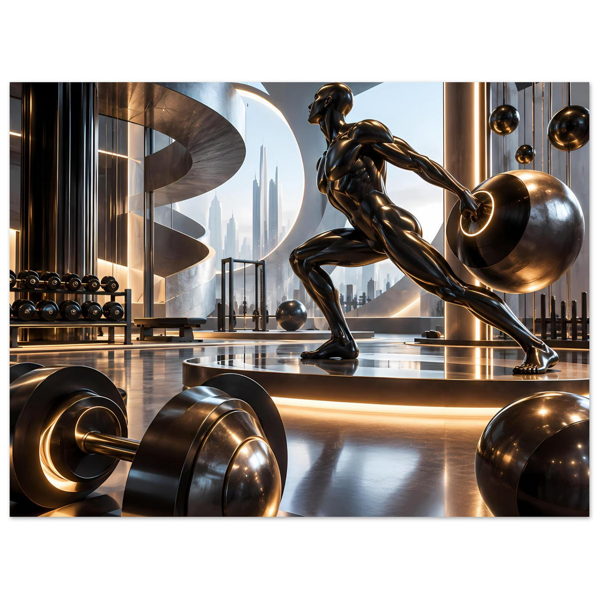 Fitness-Poster: goldfarbene Sportstatue, Hantelscheiben und beleuchtete Geräte