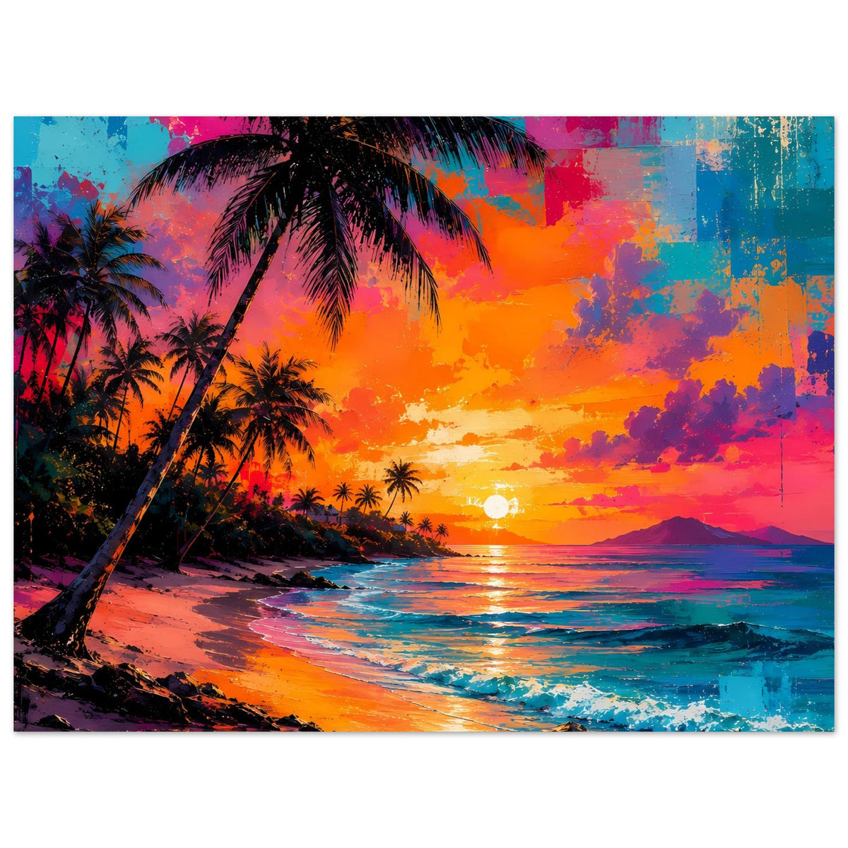 Abstraktes Poster: Palmen am Strand mit neonorangem Himmel und farbigen Wellen
