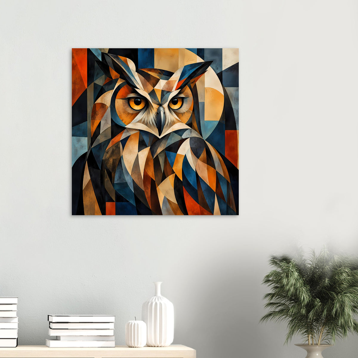 Quadratisches Eulen-Wandposter: geometrisches Motiv mit orange-gelben Augen und bunten Kacheln