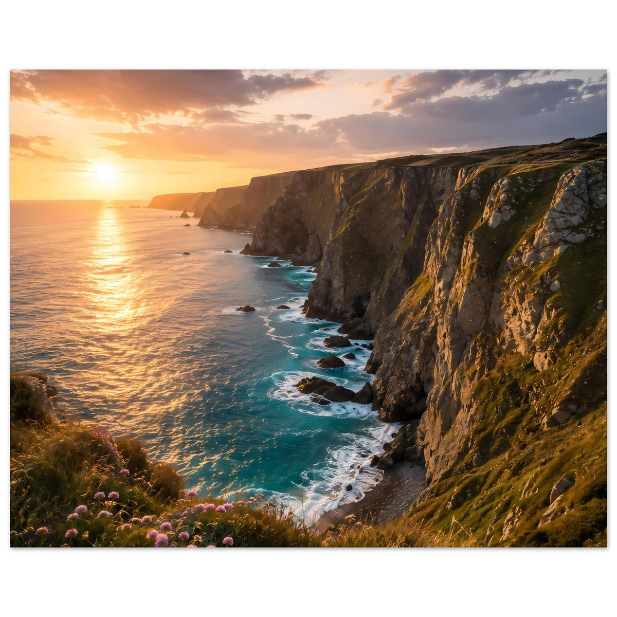 Posterkunst: Küstenklippe bei Sonnenuntergang mit Blick aufs Meer und Wellenschaum