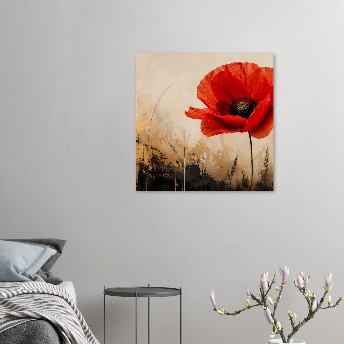 Kleines Poster mit roter Mohnblüte, dunklem Blütenkern und Stiel auf hellem Hintergrund