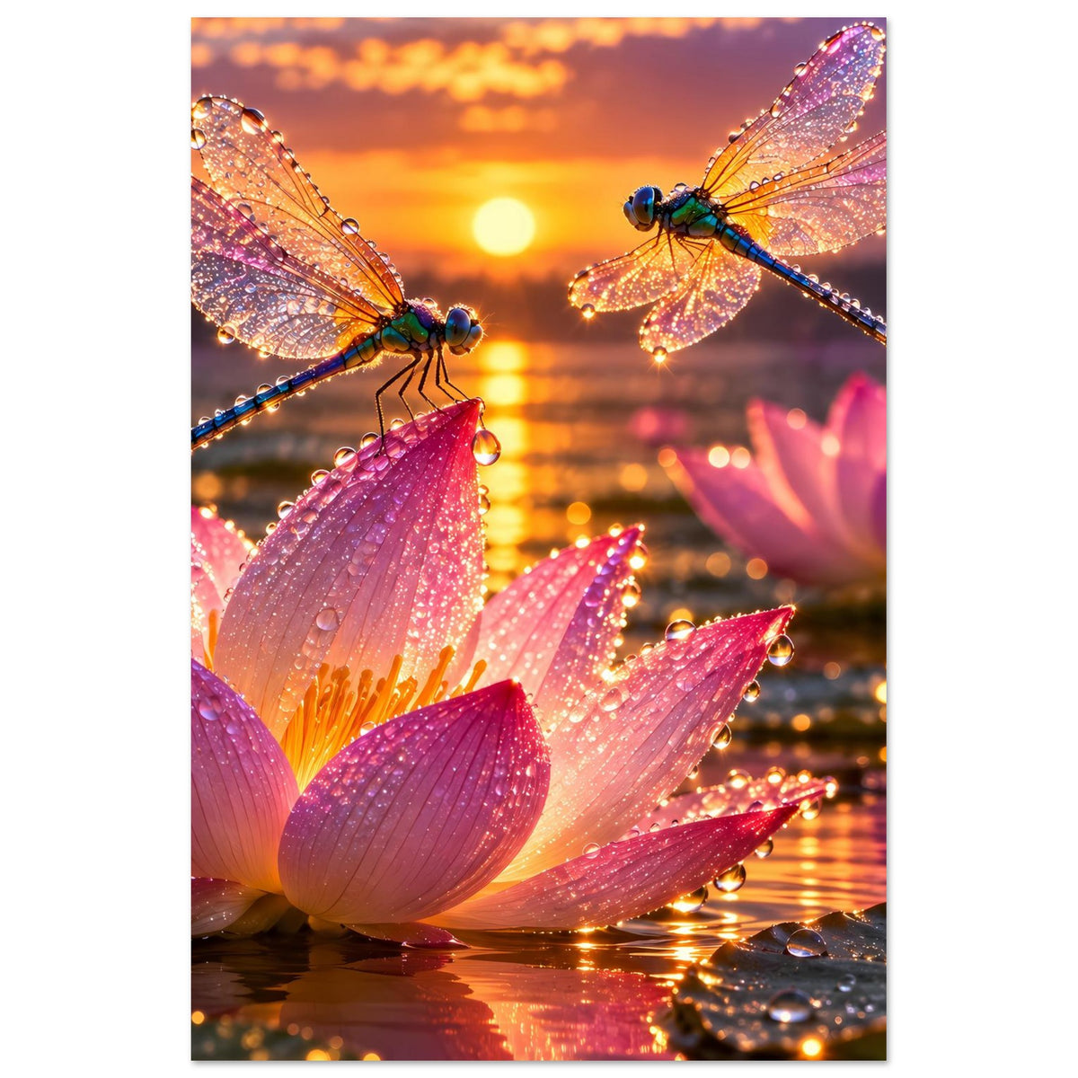 Poster mit Libellen und rosa Lotusblüten auf spiegelndem Wasser im Sonnenuntergang