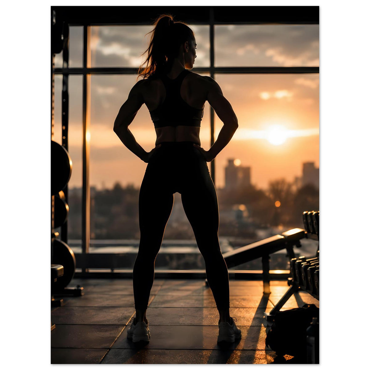 Fitness-Poster: Silhouette einer Sportlerin steht in Trainingspose, Ganzfigur im Vordergrund