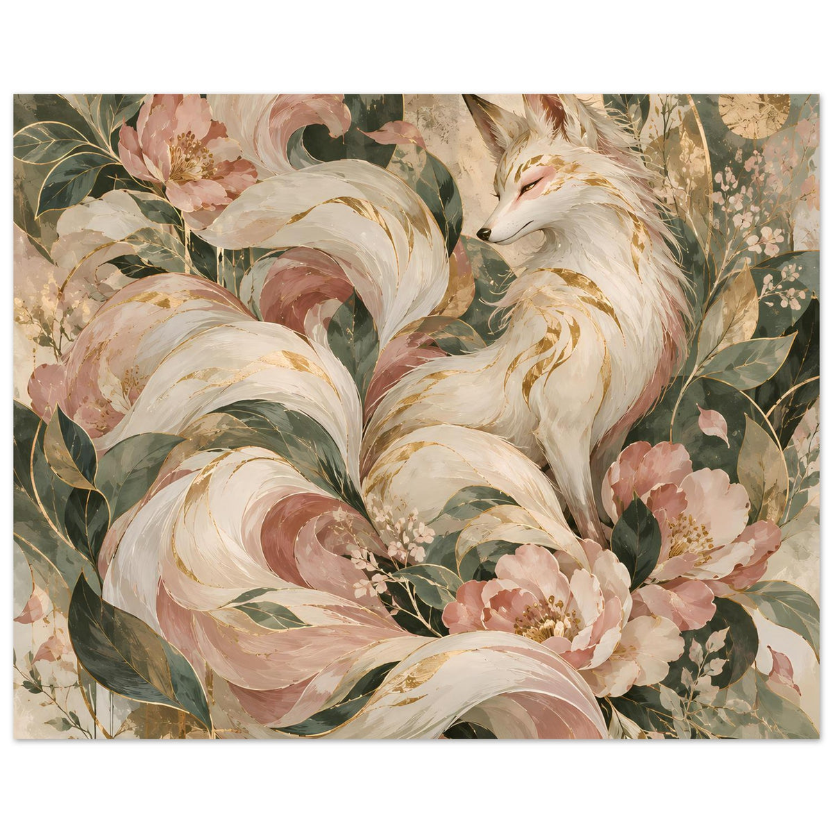 Poster mit mystischem Fuchsmotiv in Rosé-, Grün- und Goldtönen